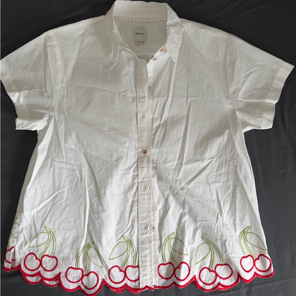 Maeve White Button-Down Shirt with Red Cherry Trim - Picture 7 of 11